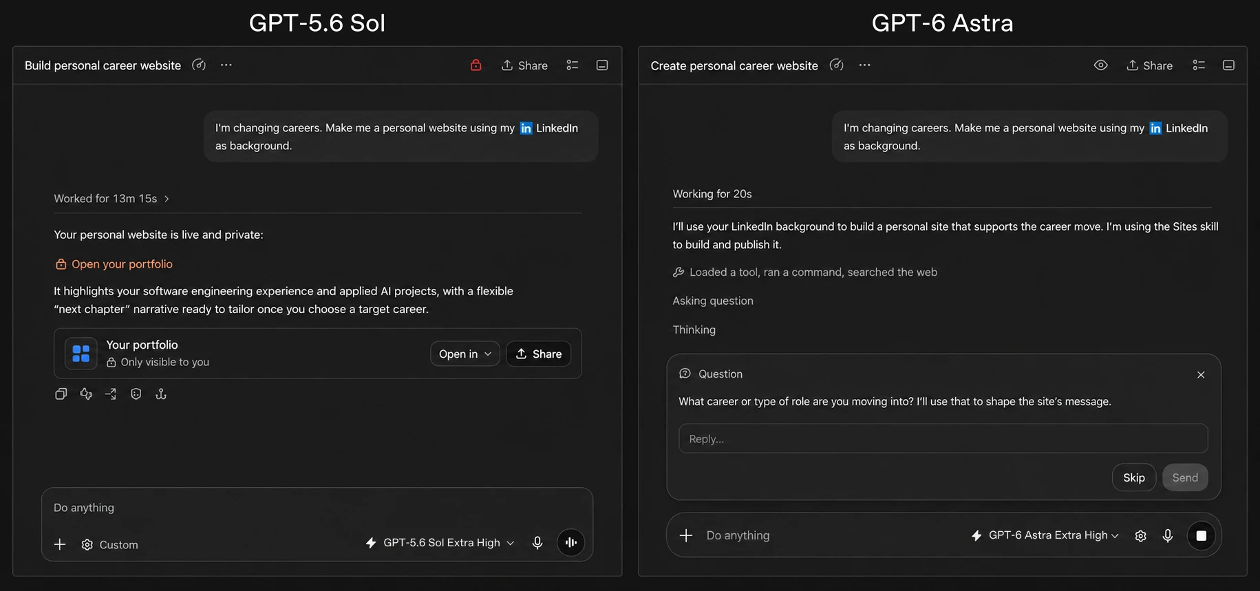 GPT-5.6 Sol 与 GPT-6 Astra 创建个人网站的官方对比图